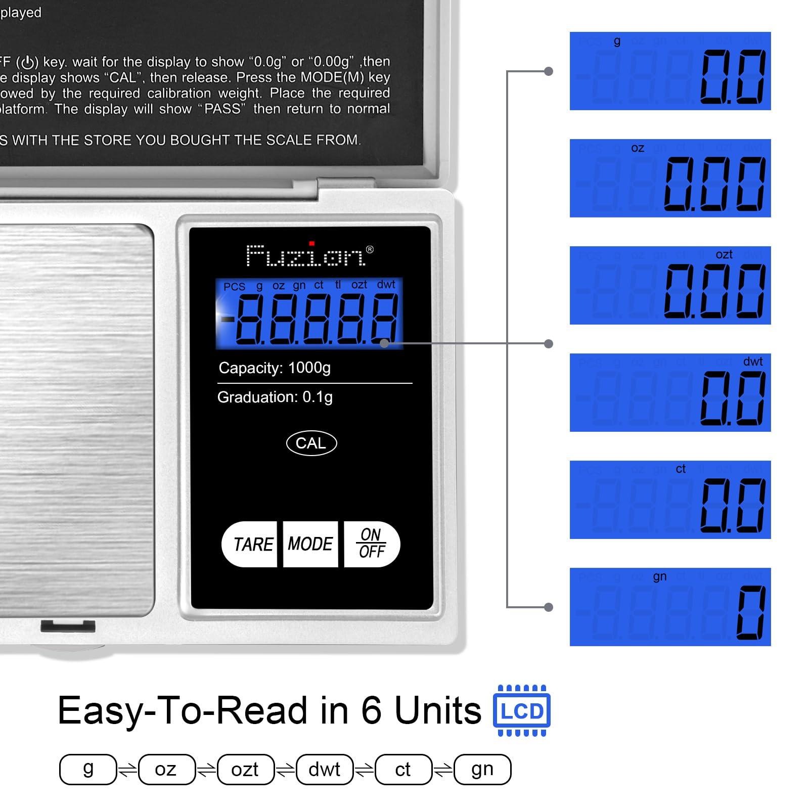 Fuzion Pocket Gram Scale Precision 1000g/0.1g, Mini Digital Scales Grams and Ounces, Grain Scale, Herb Scale, Portable Travel Food Scale, Digital Scale - CookCave