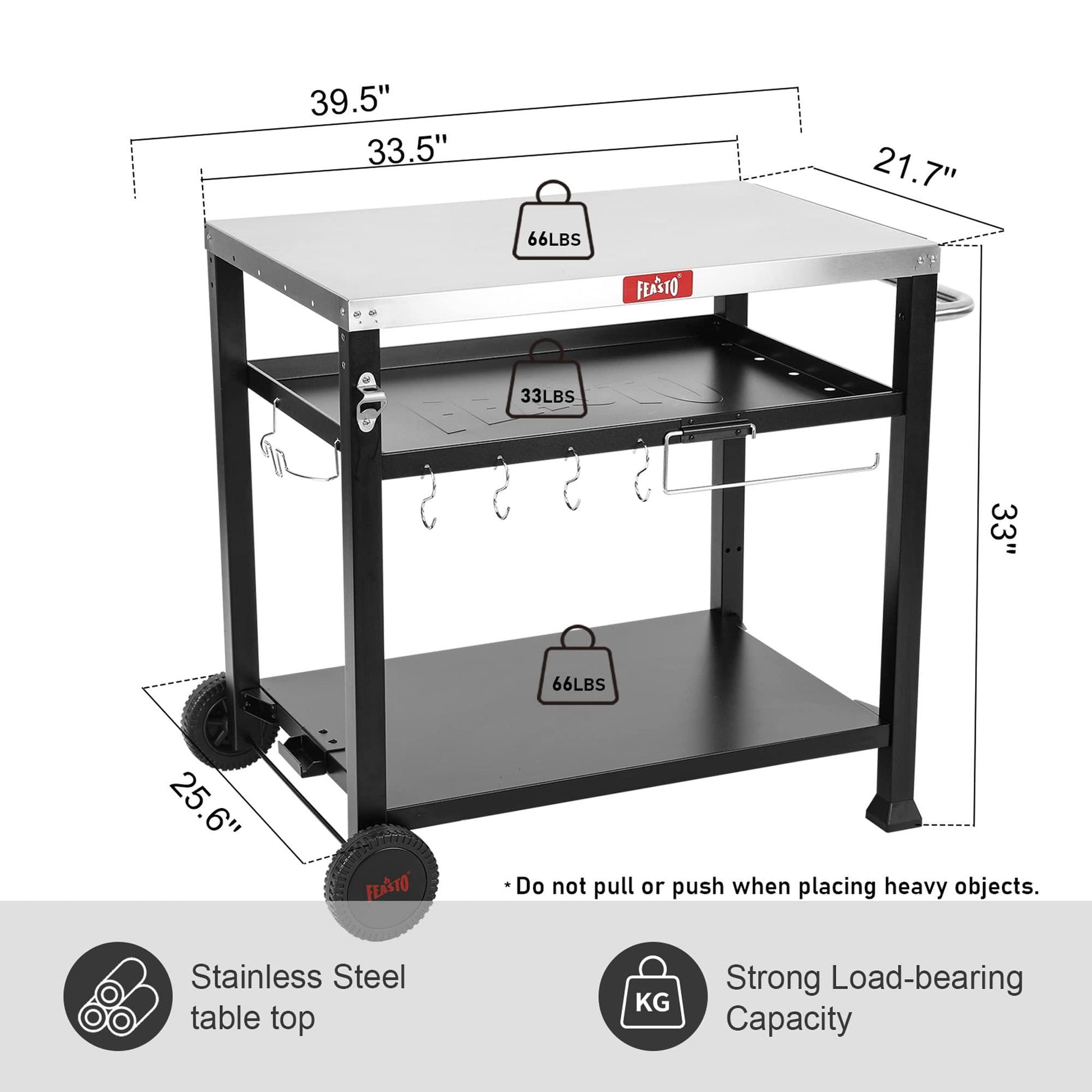 Feasto 3-Shelf Movable Food Prep and Pizza Oven Table, BBQ Grill Cart, Indoor & Outdoor Multifunctional Stainless Steel Grill Table on 2 Wheels, L39.5 x W25.6 x H33 - CookCave