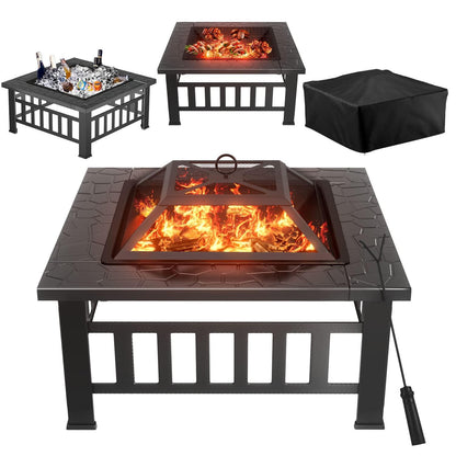 Greesum Multifunctional Patio Fire Pit Table, 32in Square Metal BBQ Firepit Stove Backyard Garden Fireplace with Spark Screen Lid and Rain Cover for Camping, Outdoor Heating, Bonfire, Dark Black - CookCave