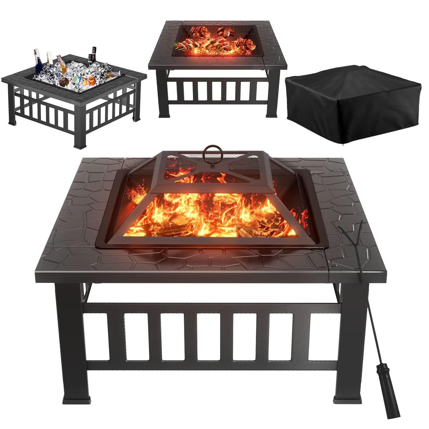 Greesum Multifunctional Patio Fire Pit Table, 32in Square Metal BBQ Firepit Stove Backyard Garden Fireplace with Spark Screen Lid and Rain Cover for Camping, Outdoor Heating, Bonfire and Picnic, Black - CookCave