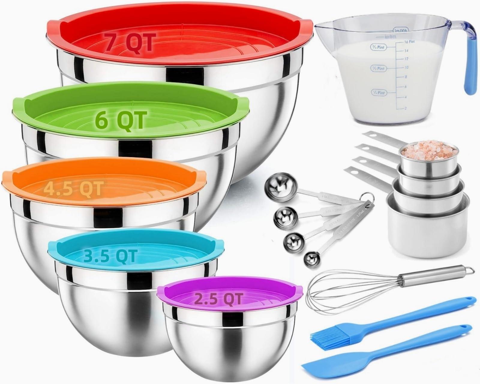 Mixing Bowls with Airtight Lids, 23PCS Large Stainless Steel Mixing Bowl Set & 400ML Measuring Cups & Baking Tools, Kitchen Utensils Metal Nesting Bowl 7/6/4.5/3.5/2.5QT for Prepping Cooking Serving - CookCave