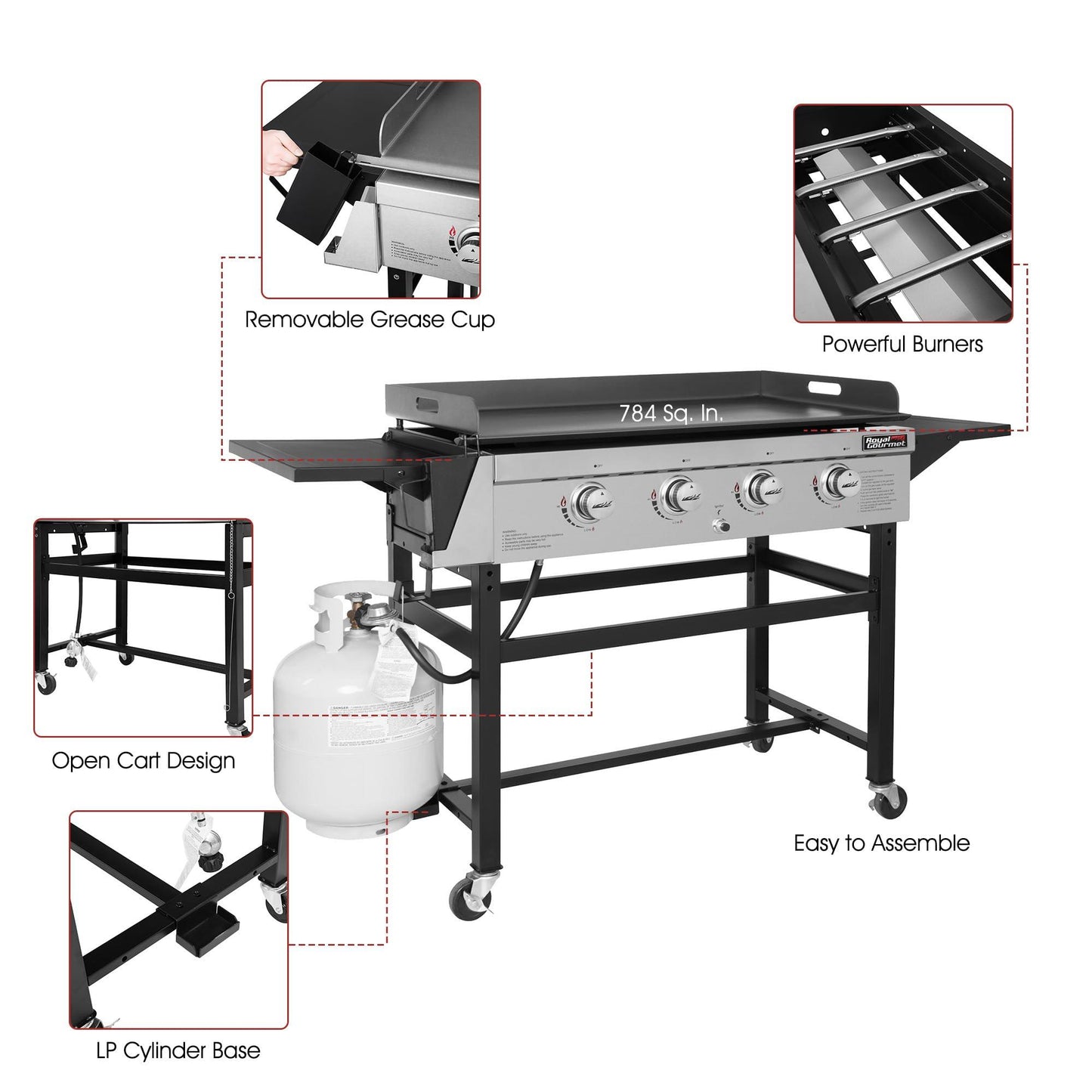 Royal Gourmet 4 Burner Flat Top Grill Griddle Combo Outdoor propane Gas Griddle, GB4001C, 52,000 BTU For Outdoor Events, Camping, BBQ 61.02*23.62*37.60 inches - CookCave