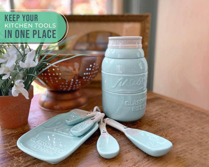 Vintage Mason Jar Kitchenware Set by Comfify - Multi-Piece Kitchen Ceramic Décor Set w/ 4 Measuring Cups, 4 Measuring Spoons and Spoon Rest - Attractive Vintage Style, in Aqua Blue Embossed Ceramic - CookCave