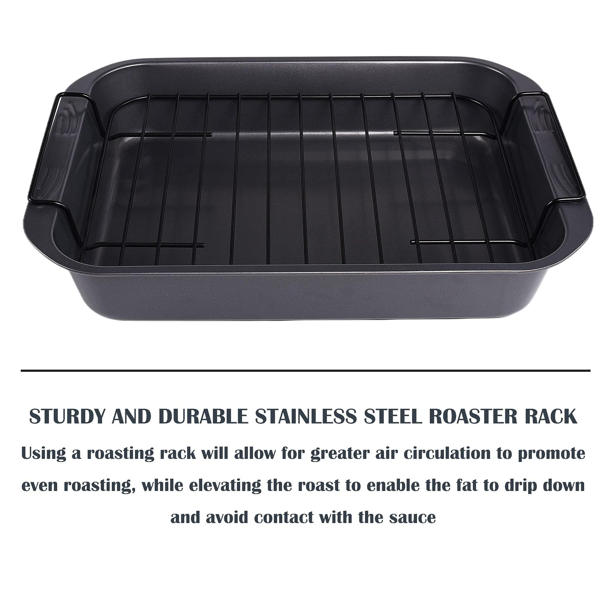 kitCom Bakeware Nonstick Roaster, Nonstick Roasting Pan with Rack, Great For Roast Chicken, Roasts And Turkeys - 15 Inch x 11 Inch (5.8 QT), Gray - CookCave