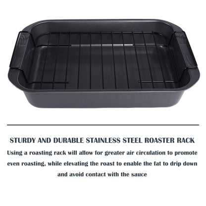 kitCom Bakeware Nonstick Roaster, Nonstick Roasting Pan with Rack, Great For Roast Chicken, Roasts And Turkeys - 15 Inch x 11 Inch (5.8 QT), Gray - CookCave