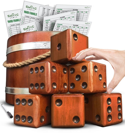 SWOOC Games - Yardzee, Farkle & 20+ Games - Light-Weight Yard Dice Game Set (All Weather) with Wood Bucket, 5 Big Laminated Score Cards, and Marker (Choose 2.5in or 3.5in Dice) Yard Games for Family - CookCave