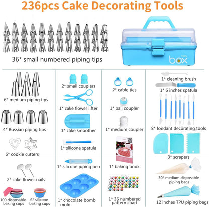 Cake Decorating Tools Supplies Kit: 236pcs Baking Accessories with Storage Case - Piping Bags and Icing Tips Set - Cupcake Cookie Frosting Fondant Bakery Set for Adults Beginners or Professional, Blue - CookCave