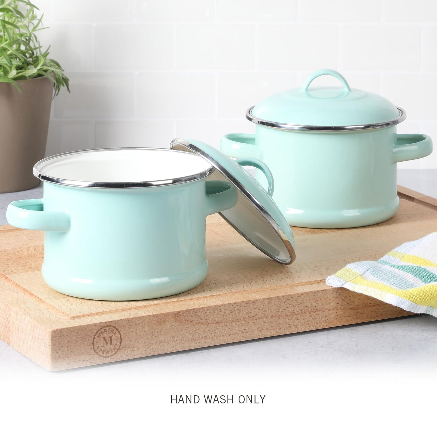 Martha Stewart Thayer 2-Pack 5.5" Enamel On Steel Mini Scratch Resistant Dutch Oven w/Lid - Martha Blue - CookCave