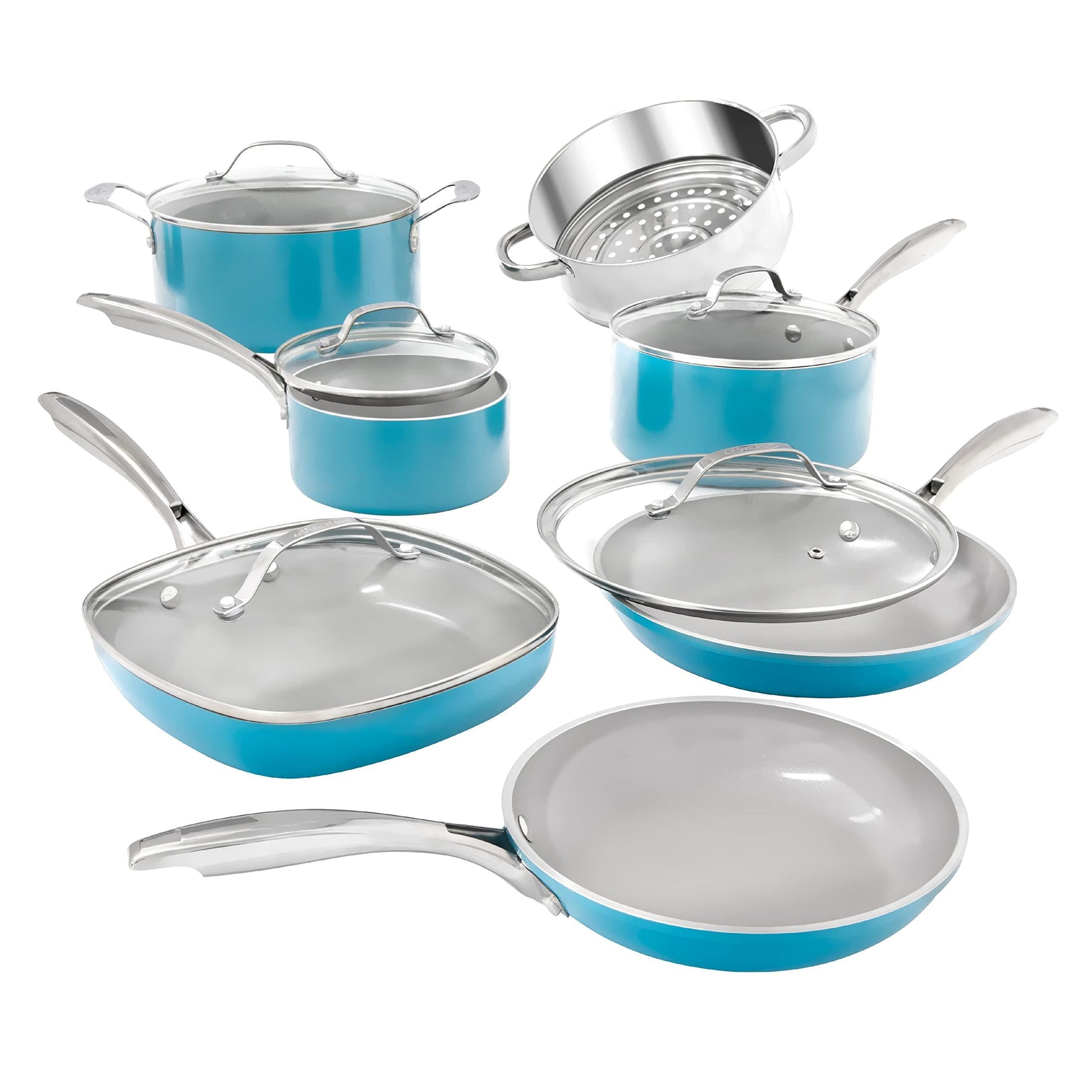 Gotham Steel Aqua Blue Pots and Pans Set, 12 Piece Nonstick Ceramic Cookware, Includes Frying Pans, Stockpots & Saucepans, Stay Cool Handles, Oven & Dishwasher Safe, 100% PFOA Free, Turquoise - CookCave