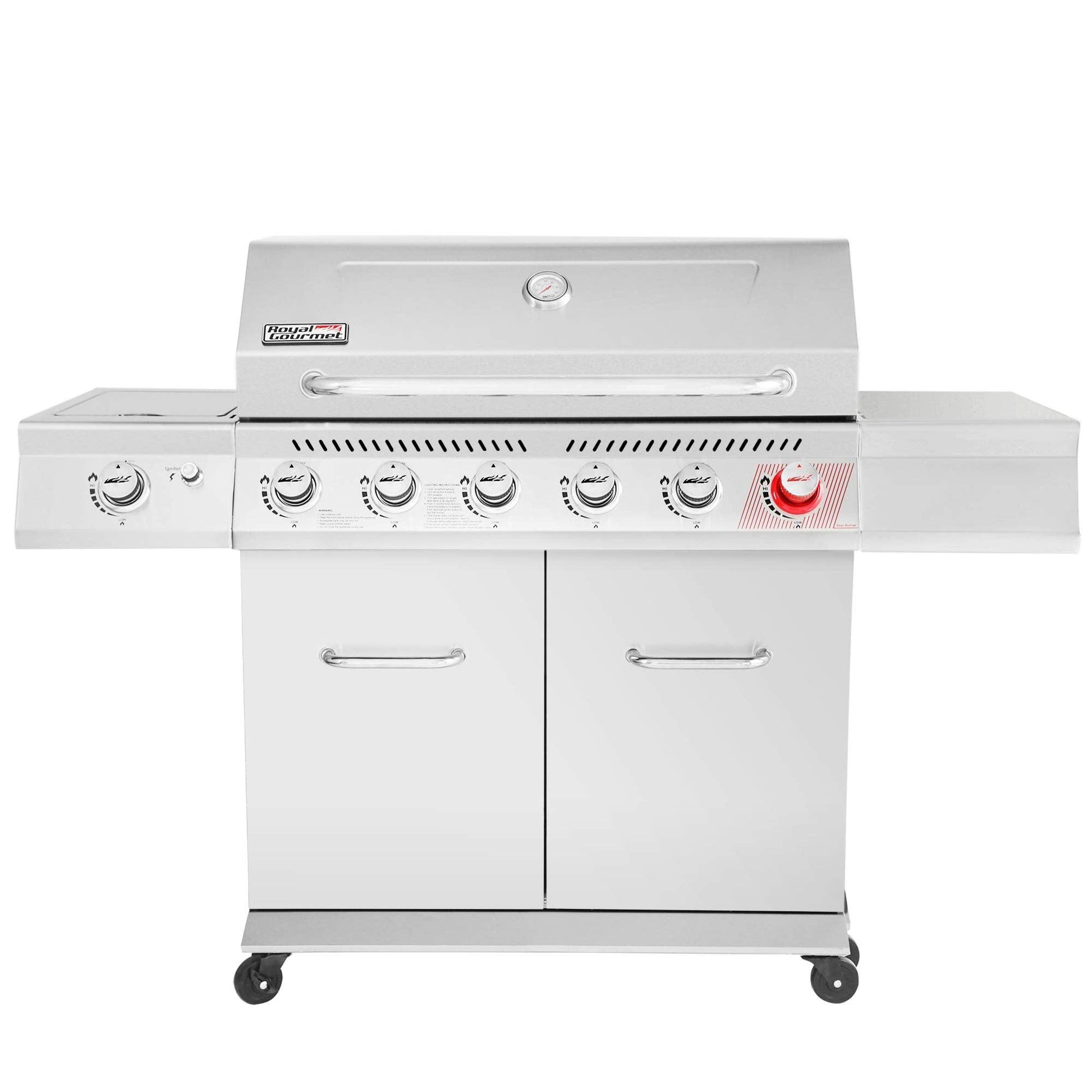 Royal Gourmet GA6402S Stainless Steel Gas Grill, Premier 6-Burner Propane BBQ Grill with Sear Burner and Side Burner, 74,000 BTU, Cabinet Style, Outdoor Barbecue Party Grill, Silver - CookCave