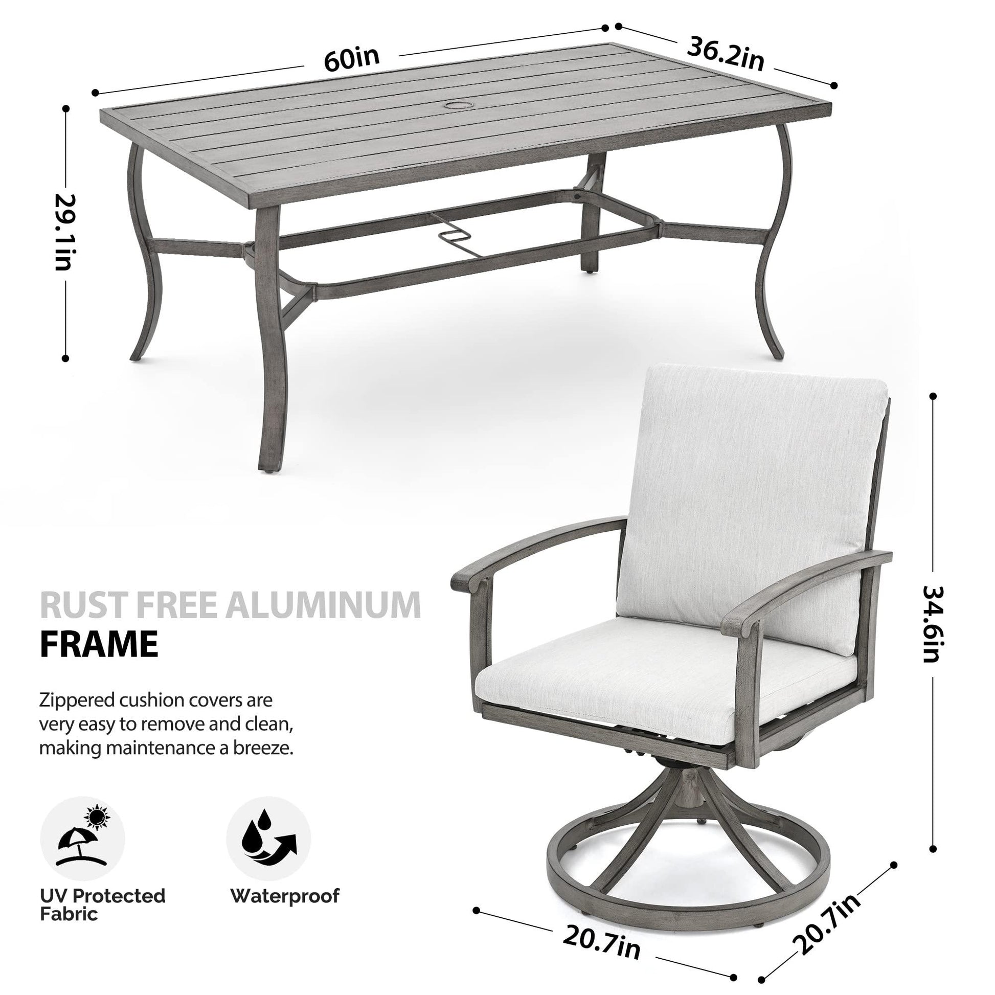 HAPPATIO 7 Piece Patio Swivel Dining Set, Aluminum Outdoor Dining Set for 6, Aluminum Dining Table and Chairs Set, Patio Dining Furniture with Aluminum Table, Chairs and Washable Cushions (Gray) - CookCave