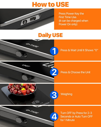 【33 LB & USB Rechargeable】Digital Kitchen Food Scale Kitchen Scale, Glass Digital Weight Grams and Oz, Baking Cooking, 0.05oz /1 g Precise, 5 Weight Units【Not Support Fast Charging】 - CookCave