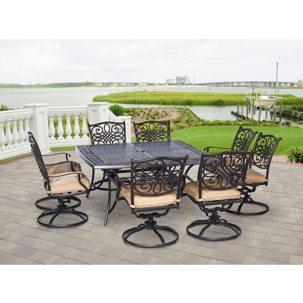 Hanover Traditions 9-Piece Patio Dining Set with 8 Swivel Rocker Chairs with Natural Oat Cushions and Large 60" Square Table, Dining Set for 8, All-Weather Rust-Resistant Luxury Outdoor Furniture - CookCave