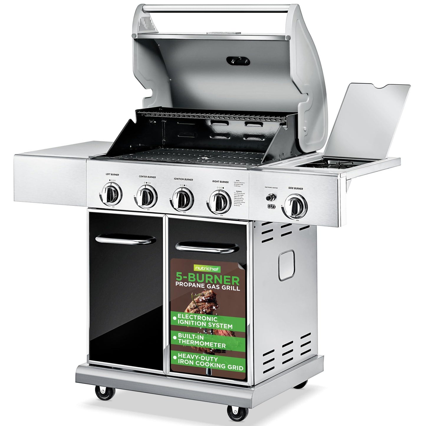 NutriChef Heavy-Duty 5-Burner Propane Gas Grill - Stainless Steel Grill, 4 Main Burner with 1 side burner, 52,000 BTU Grilling Capacity, Electronic Ignition System, Built-in Thermometer - NCGRIL2 - CookCave