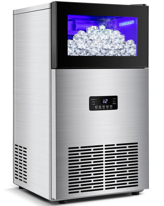 Commercial Ice Maker Machine 130LBS/24H with 35LBS Storage Bin, Stainless Steel Undercounter/Freestanding Ice Cube Maker for Home Bar Outdoor, Automatic Operation, Include Scoop, Connection Hose - CookCave
