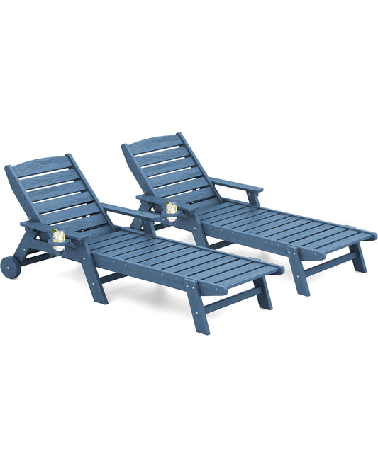 SERWALL Outdoor Chaise Lounge Chair Set of 2, Patio Lounge Chair for Outside, Longer Version Pool Chaise Lounger with Adjustable Backrest for Poolside, Backyard, Lawn, Deck, Blue - CookCave