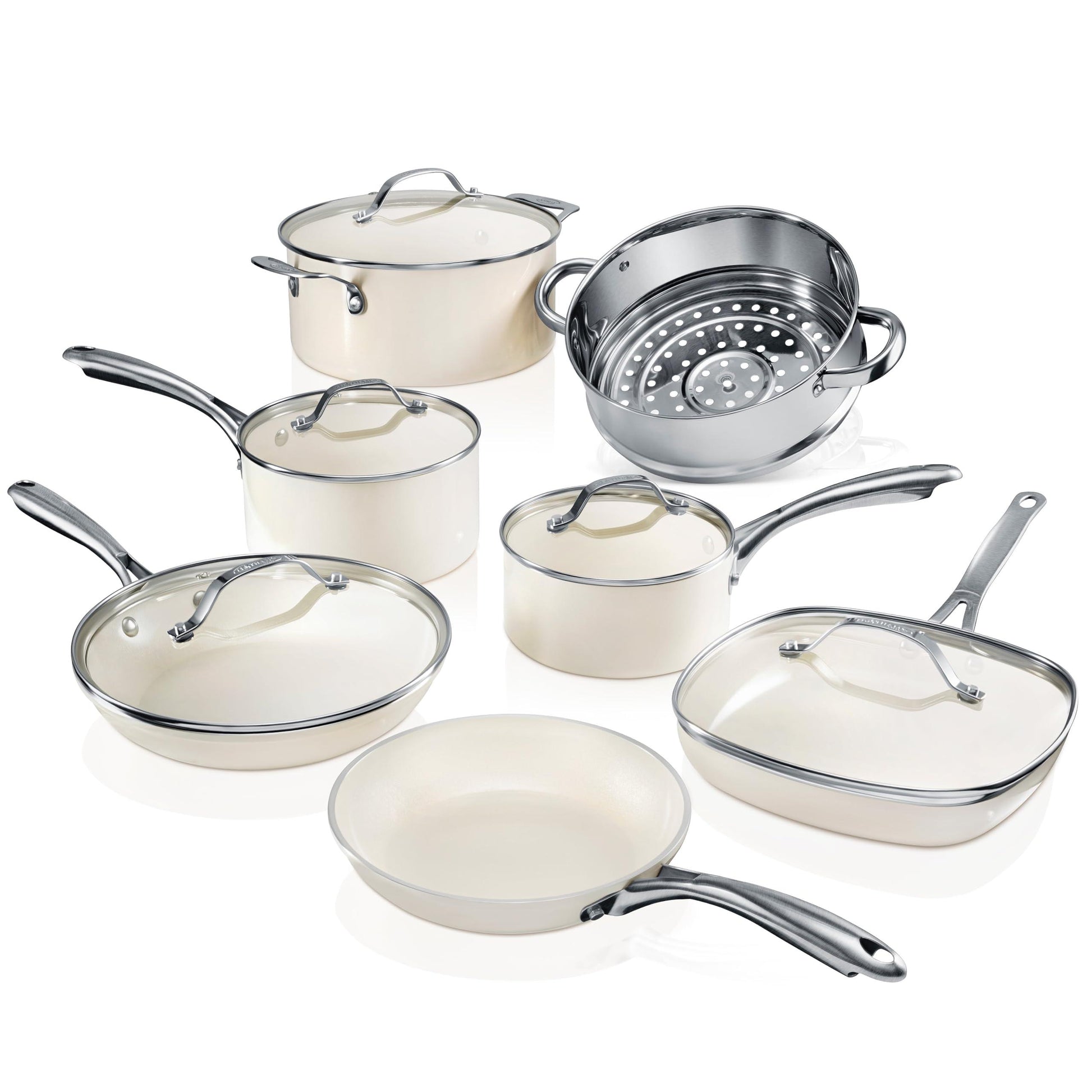 Gotham Steel 12 Pc Ceramic Pots and Pans Set Nonstick Cookware Set, Pot and Pan Set, Kitchen Cookware Sets, Ceramic Cookware Set, Non Toxic Cookware Set, Pot Set, Dishwasher Safe, Cream White - CookCave