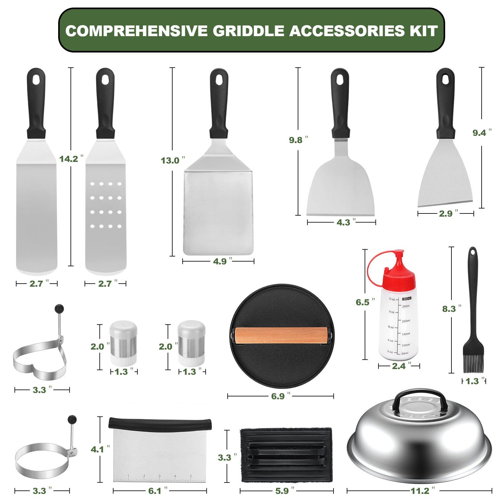 19PCS Griddle Accessories Kit, Stainless Steel Flat Top Grill Accessories Set for Blackstone and Camp Chef, Grill Spatula Set with Enlarged Spatulas, Basting Cover, Scraper for Outdoor Barbecue - CookCave