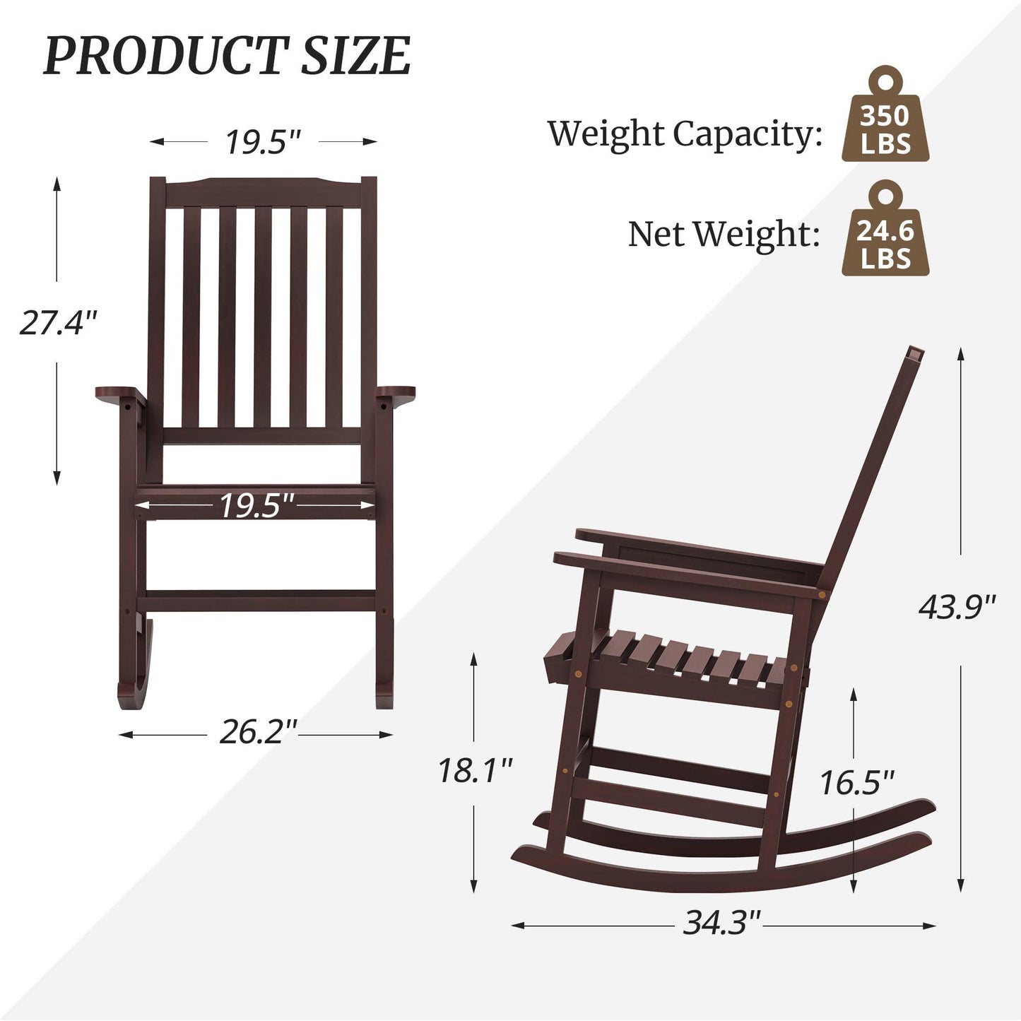 Cozyman Outdoor Rocking Chairs Set of 2, Oversized Wooden Rocking Chairs with Wide Seats, All Weather Resistant Rocker Chair, Porch Patio Chair for Backyard Lawn Garden, 350 Lbs Heavy Duty, Espresso - CookCave