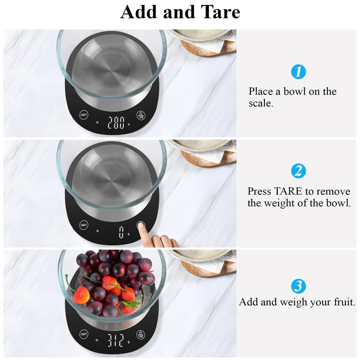 Homebuds 22lb/10kg Digital Kitchen Food Scale, Weighing Professional Since 2001, Grams and Ounces by Precision 1g/0.1oz, Weight Loss, Baking and Cooking, LED Display, 3*AAA Batteries Included, Black - CookCave