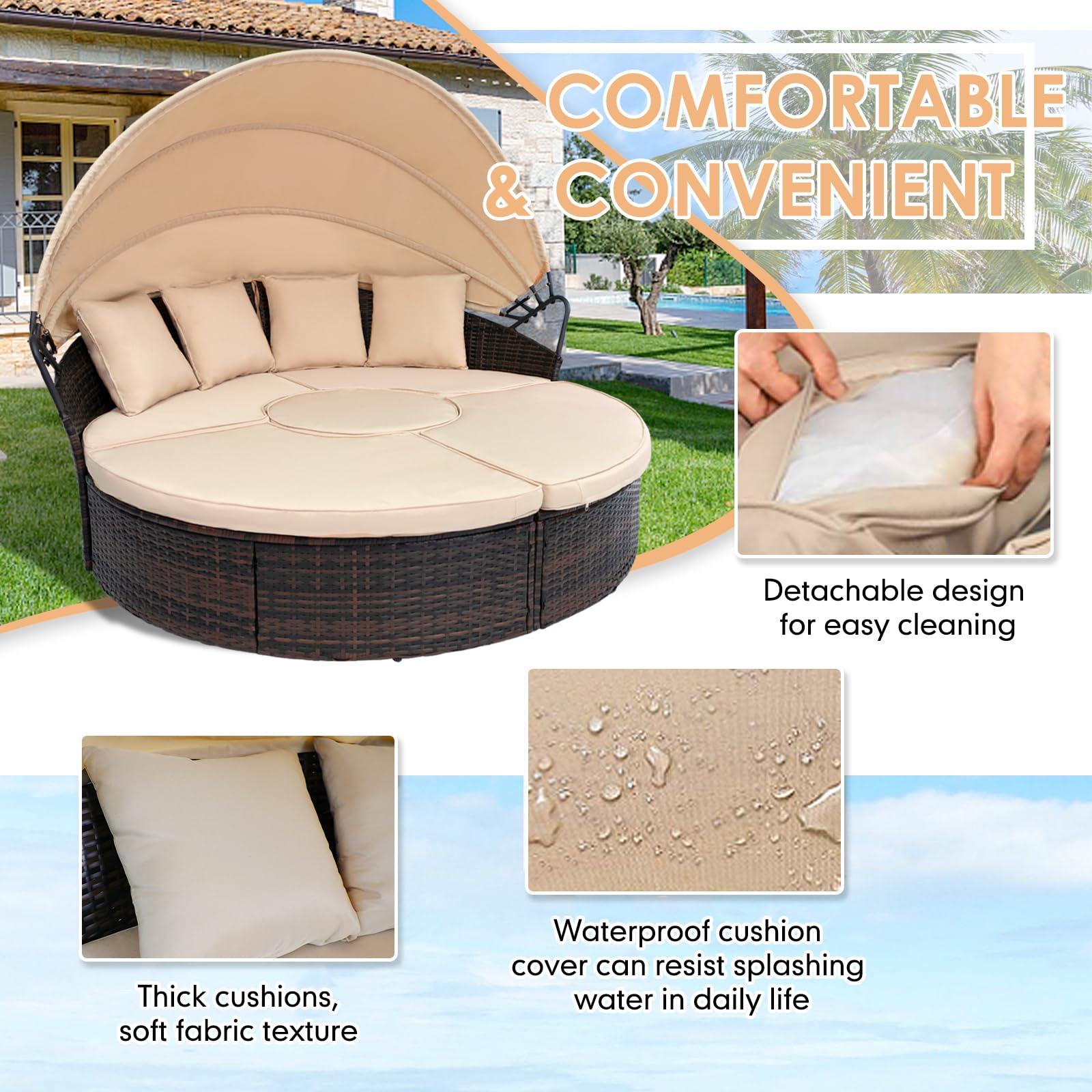 SUNCROWN Outdoor Patio Round Daybed with Retractable Canopy, Brown Wicker Furniture Sectional Couch with Washable Cushions, Backyard, Porch - CookCave