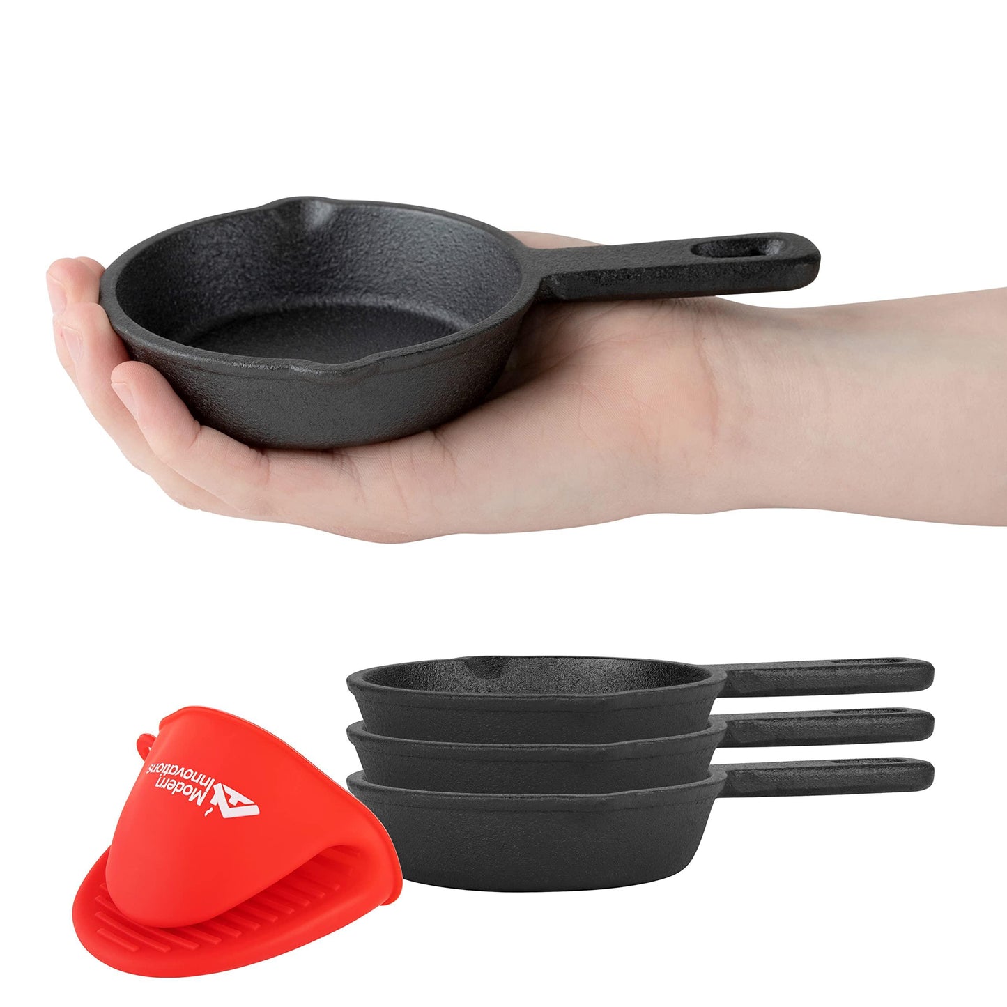 Modern Innovations Mini Black Cast Iron Skillet Set with Silicone Mitt (4 Count) - 3.5 Inch Pans, Pre Seasoned Small Skillets for Baked Cookie/Brownie or Cooked Eggs - CookCave