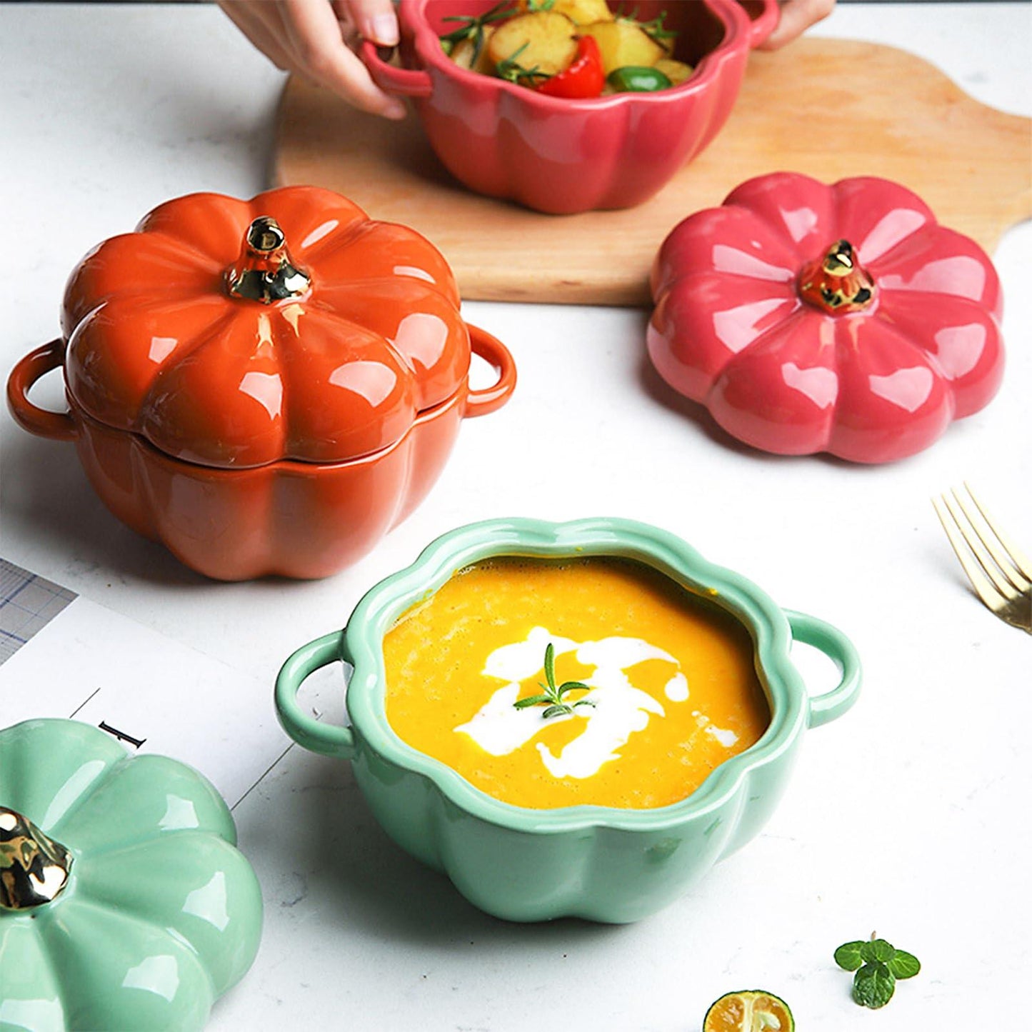 Dutch Oven Pot with Lid, Pumpkin Pottery Dessert Saucepan, Mini Baking Dish Cute Pumpkin Bowl, Covered Dutch Oven Ceramic Stockpot, Pumpkin-Shaped Casserole (Orange) - CookCave