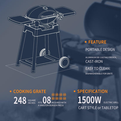 VANSTON Outdoor Electric Barbecue Grill & Smoker with Removable Stand, Cart Style, Black, 1500W Portable and Convenient Camping Grill for Party, Patio, Garden, Backyard, Balcony, Built-In Thermometer - CookCave