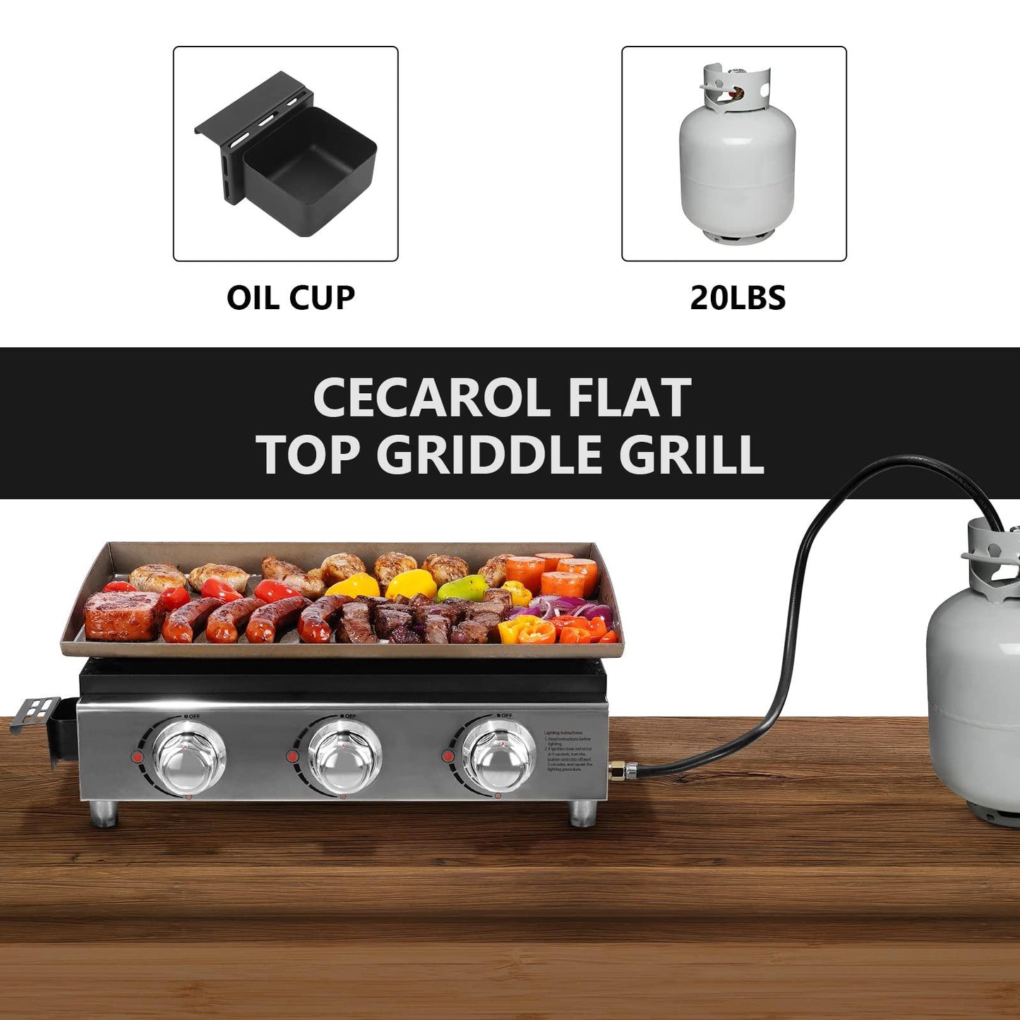 Cecarol Portable Griddle Propane Gas Grill, 23in Tabletop Gas Plancha with 3 Burners,Flat top griddle for Outdoor, Garden, Tailgating, RV - 355 sq. in. Heavy Duty & 25, 500 BTUs Griddle for BBQ Grill - CookCave