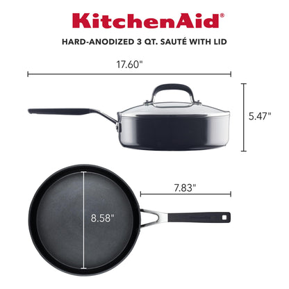 KitchenAid Hard Anodized Nonstick Saute/Fry Pan with Lid, 3 Quart, Onyx Black - CookCave