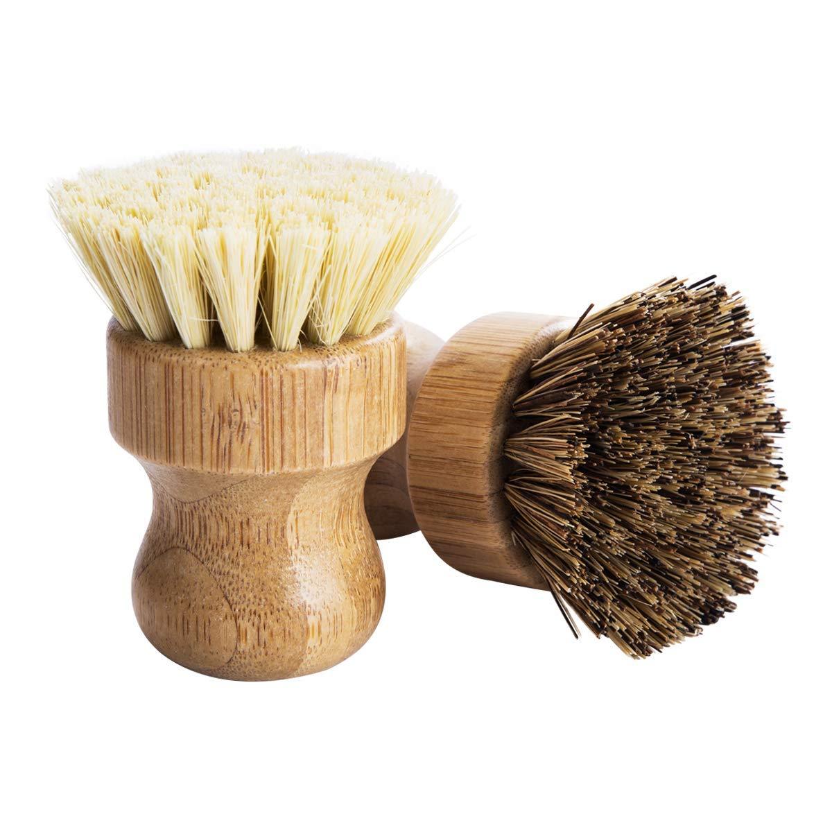 Palm Pot Brush- Bamboo Round 3 Packs Mini Dish Brush Natural Scrub Brush Durable Scrubber Cleaning Kit with Union Fiber and Tampico Fiber for Cleaning Pots, Pans and Vegetables - CookCave