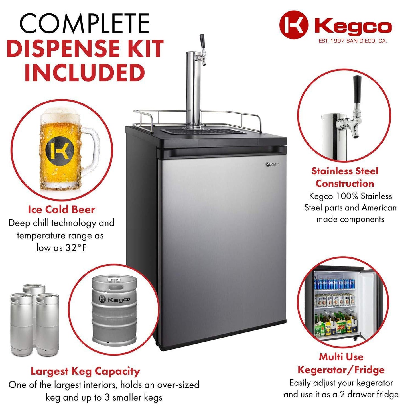 Kegco Kegerator Full Size Keg Refrigerator - Single Faucet - D System, Stainless Steel - CookCave