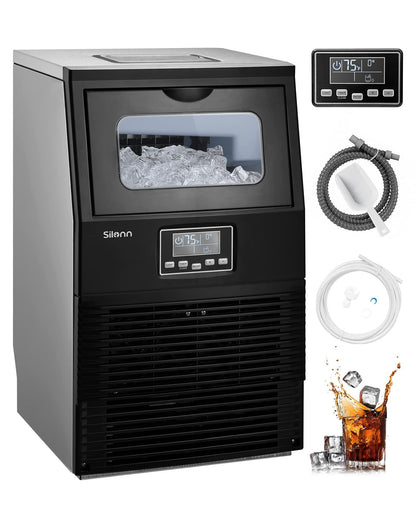 Silonn Commercial Ice Maker Machine, 84LBS/24H, Full Heavy Duty Stainless Steel Construction, Self-Cleaning, Clear Cube for Home Bar, Include Scoop, Connection Hose - CookCave