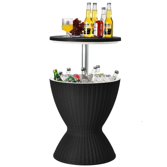 Tangkula Outdoor Cool Bar Table, Rattan Patio 8 Gallon Beer and Wine Cooler, All-Weather Ice Bucket w/Height Adjustable Top, Drainage Plug, 3-in-1 Cocktail Coffee Table for Party, Picnic (Black) - CookCave