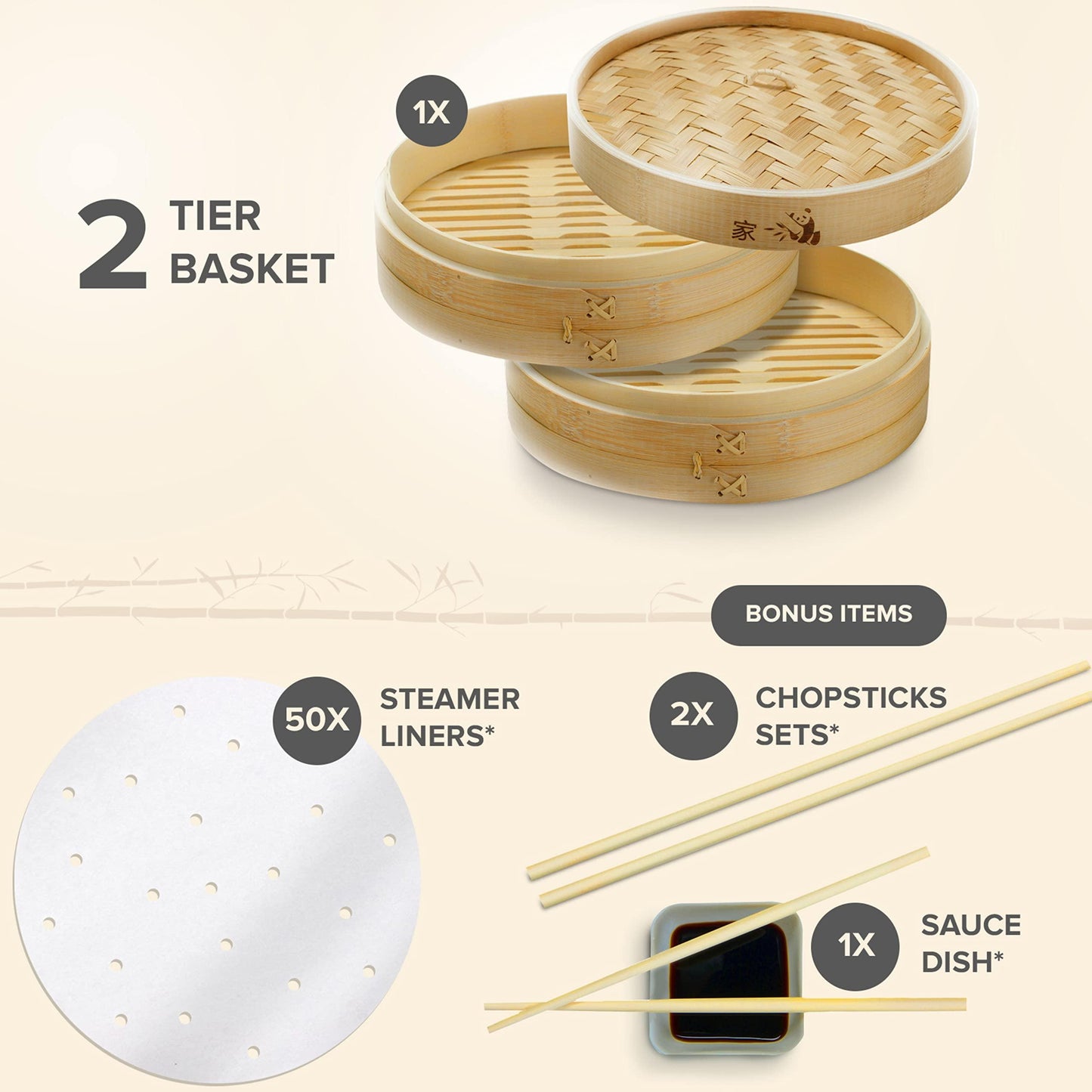 Prime Home Direct Bamboo Steamer Basket 10-inch | 2-Tier Steamer for Cooking | 50 Liners, Chopsticks & Sauce Dish | Dumpling Steamer, Food Steamer Baskets for Cooking - Rice & Vegetable Steamer Pot - CookCave