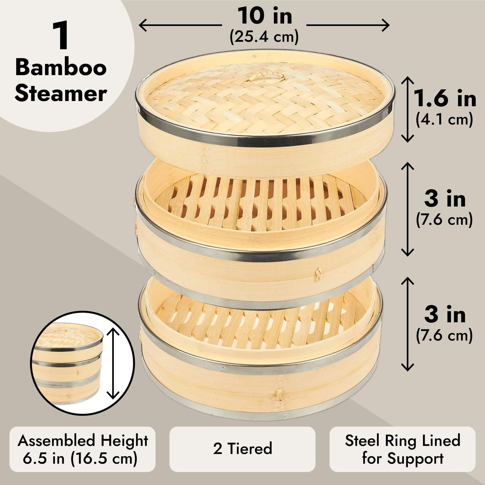 Juvale 2-Tier 10 Inch Bamboo Steamer Basket with Steel Rings - Large Capacity Dumpling, Vegetable Steamer Basket (10x6.5x10 in) - CookCave