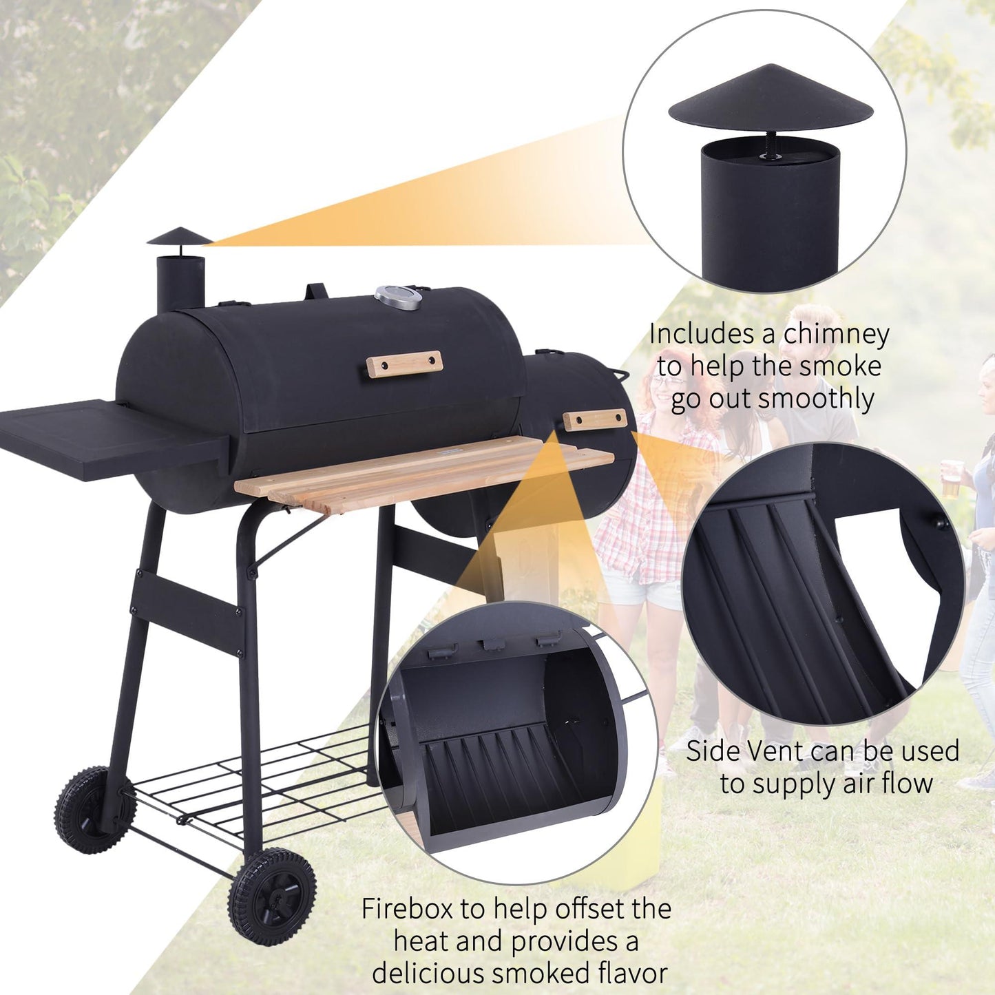 Outsunny 48" Steel Portable Backyard Charcoal BBQ Grill and Offset Smoker Combo with Wheels - CookCave