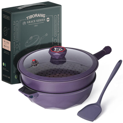 TIBORANG 7 in 1 Multipurpose 11 Inch 5 Quart Heat Indicator Nonstick Deep Frying Pan with Glass Lid, Stay-cool Handle, Steamed Grid, PFOA-Free,Dishwasher&Oven Safe for All Stovetops (Purple) - CookCave