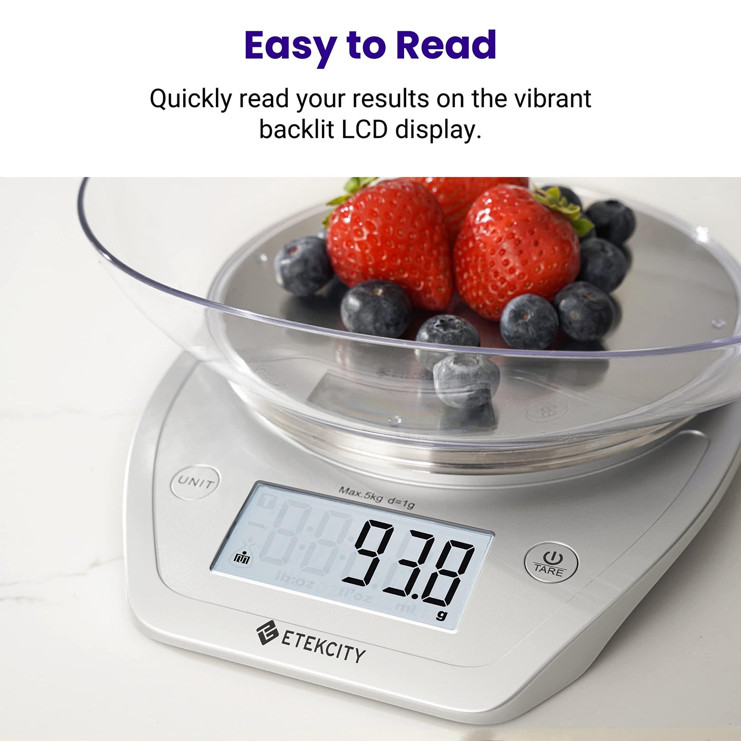 Etekcity Food Scale, 11lb/0.1g, Digital Kitchen Scale with Detachable Bowl Weight Grams and Ounces for Coffee, Baking, Cooking, Large LCD Display Stainless Steel (Batteries Included) - CookCave