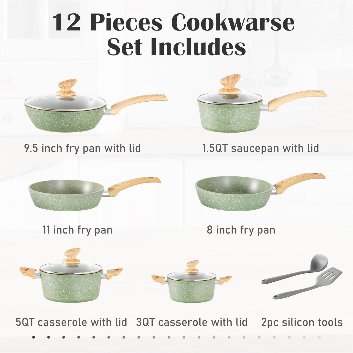 DishDelight Induction Nonstick Pots and Pans Set, 12 Piece Kitchen Cookware Sets, Nonstick Granite Frying Pan Set, Green - CookCave