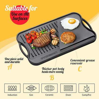 Overmont Pre-seasoned 17x9.8" Cast Iron Reversible Griddle Grill Pan with handles for Gas Stovetop Open Fire Oven, One tray, Scrapers Included - CookCave