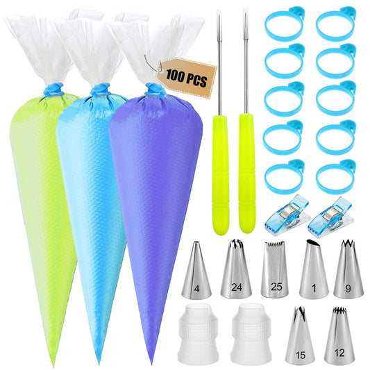 Piping Bags and Tips Set - 100 12Inch Disposable Pastry Piping Bags for Royal Icing with 7 Frosting Tips, 10 Icing Bags Ties, 2 Scriber Needle - Tipless Piping Bags Kit for Cookies & Cake Decorating - CookCave