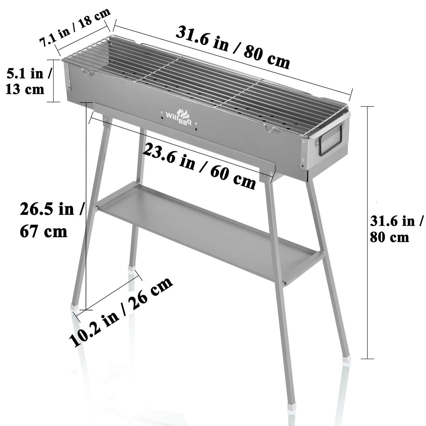 WILLBBQ Commercial Quality Portable Charcoal Grills Multiple Size Hibachi BBQ Lamb Skewer Folded Camping Barbecue Grill for Garden Backyard Party Picnic Travel Outdoor Cooking Use(31.6x7.1x5.1 inch) - CookCave