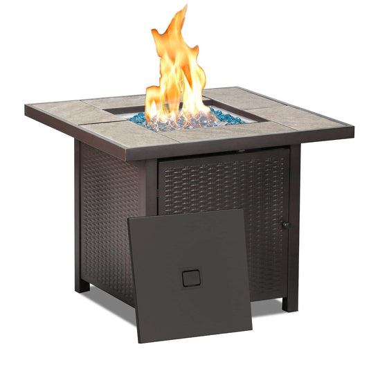 BALI OUTDOORS Propane Gas Fire Pit Table 32 inch 50,000 BTU Square Gas Firepits for Outside, Brown - CookCave