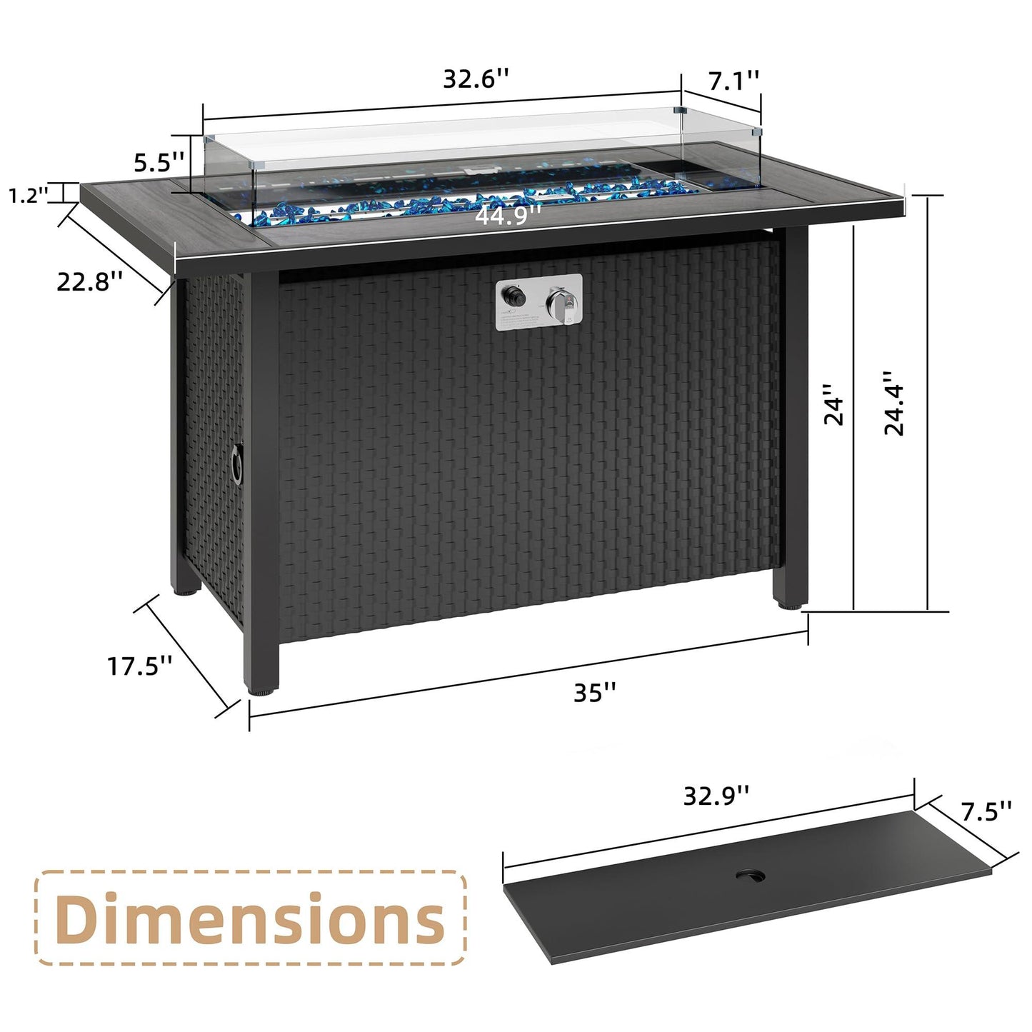 JAMFLY Outdoor Propane Fire Pit Table 45 Inch with Lid, 50,000 BTU Gas Fire Pits for Outside Patio with Glass Wind Guard,Clear Blue Glass Rocks,Waterproof Cover, Gray - CookCave