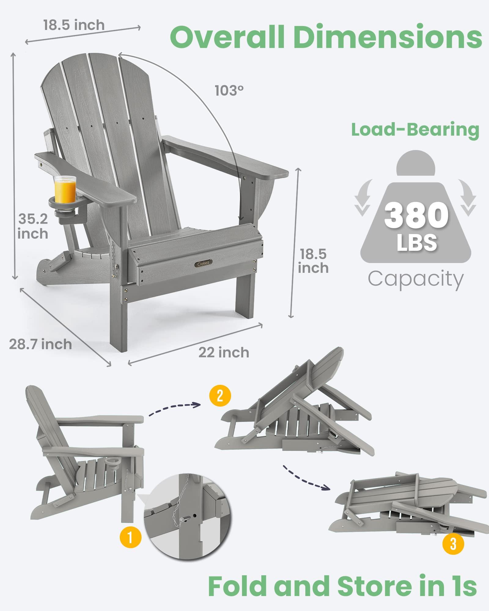 Ciokea Folding Adirondack Chair Wood Texture, Patio Chair Weather Resistant, Plastic Fire Pit Chair with Cup Holder, for Lawn Outdoor Porch Garden Backyard Deck (Grey) - CookCave