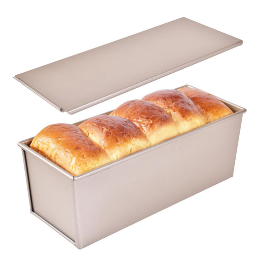 Bakeley Commercial Pullman Loaf Pan with Lid, Dough Capacity Non-stick Rectangle Flat Toast Box for Oven Baking 13.6"×5.4"×4.7"(Champagne Gold) - CookCave