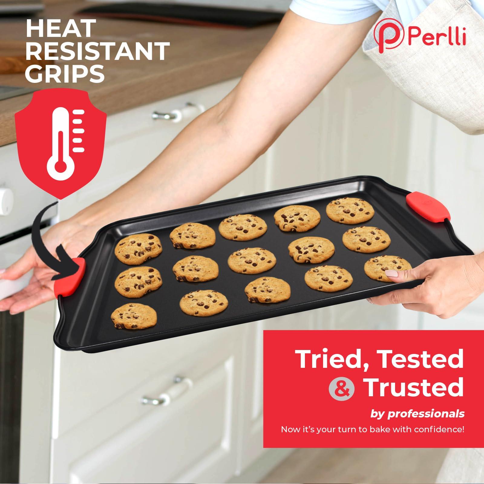 Perlli Baking Pan 6 Piece Set Nonstick Carbon Steel Oven Bakeware Kitchen Set with Silicone Handles, Cookie Sheet, Round Cake Pan, 9x13 Roasting Pan, Loaf Pan, 12 Cup Muffin Cupcake Pan, Square Pan - CookCave