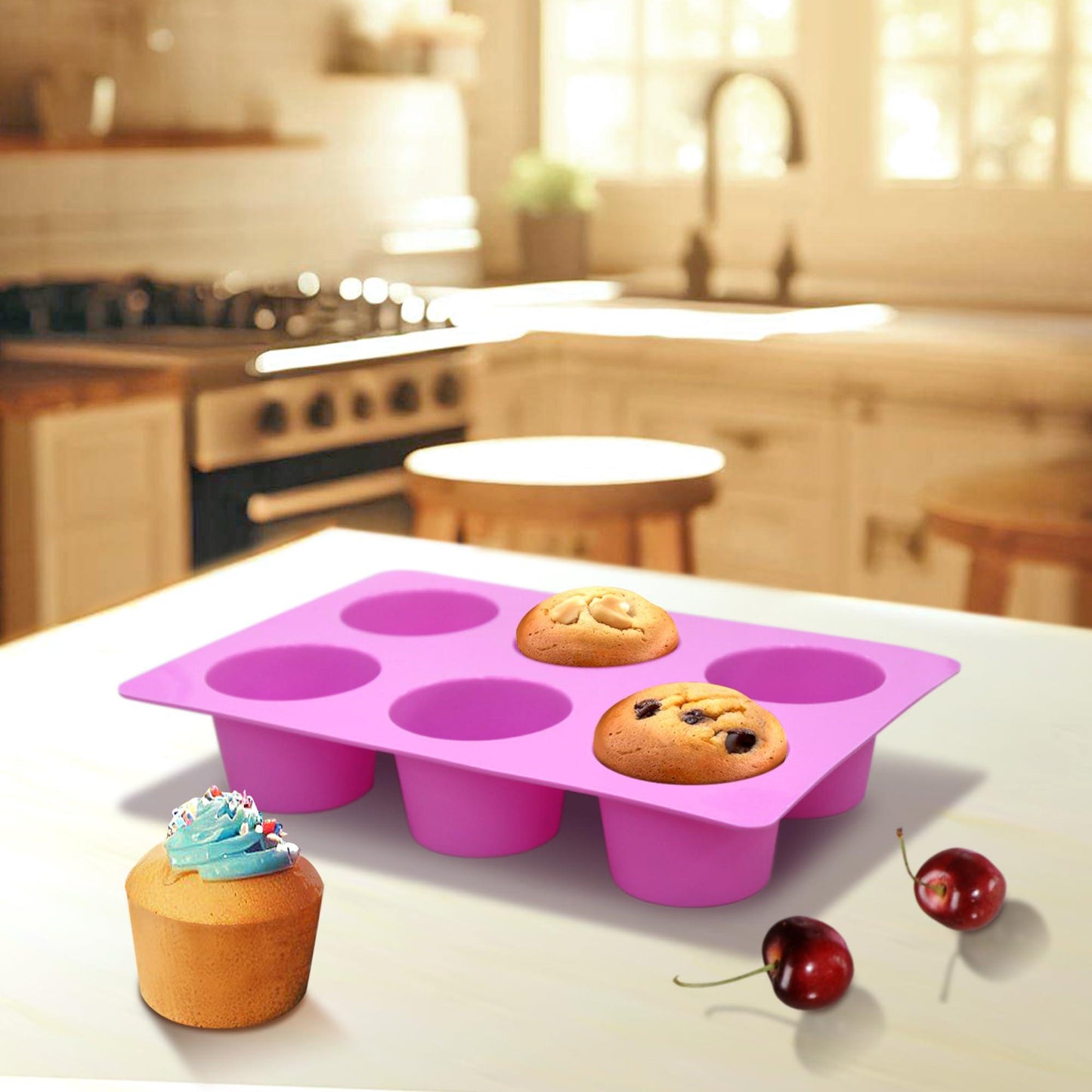 Amazing Abby - 11" x 7.5" Silicone Muffin Pan (Set of 3), 6-Cup Easy-Release Baking Mold for Homemade Muffins and Cupcakes, Heat-Resistant, Non-Stick, BPA-Free, Dishwasher-Safe, Purple Shades - CookCave