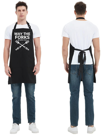 Kaidouma Funny Grill Aprons for Men - May The Forks Be With You - Men’s Funny Chef Cooking Grilling BBQ Aprons with 2 Pockets - Birthday Father’s Day Christmas Gifts for Dad, Husband, Movie Fans - CookCave